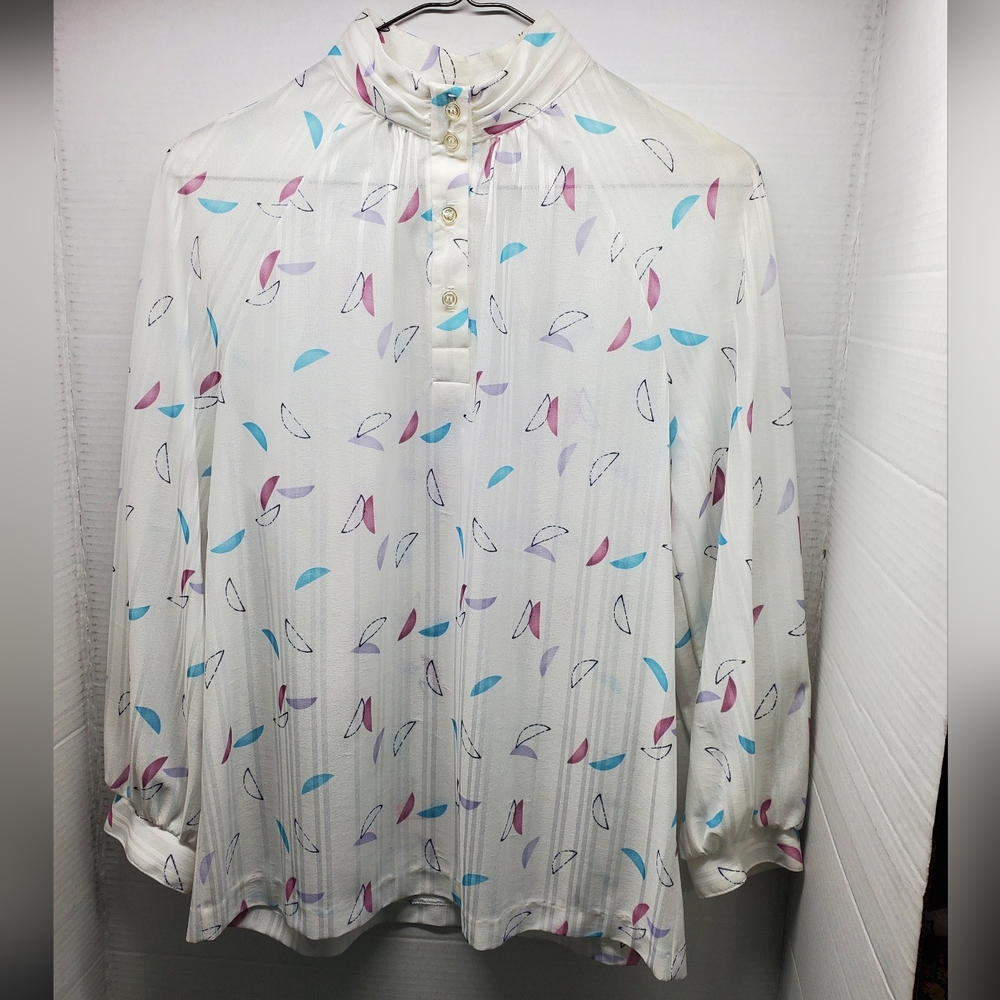 Vintage Devon Womens Geometric Printed Small Blouse Secretary High Collar 80s
